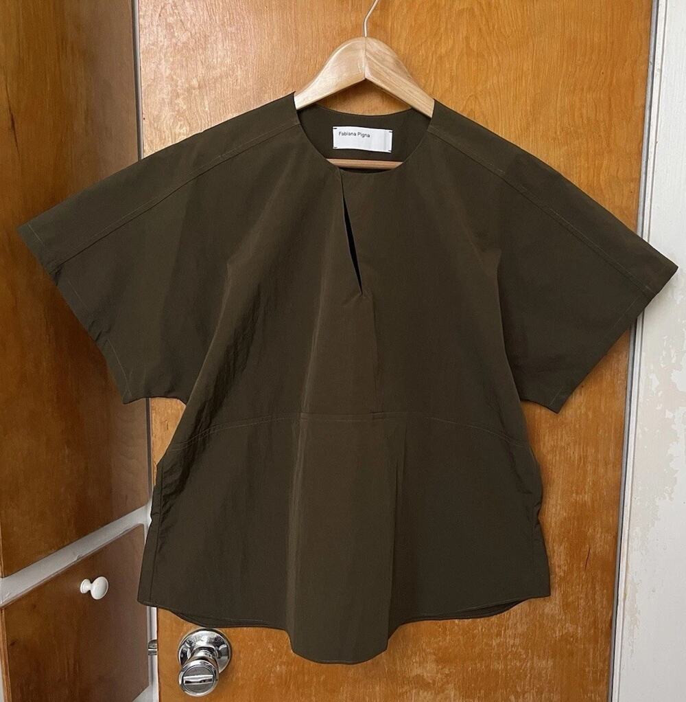 Fabiana Pigna Olive Green Asymmetrical Top Lagenlook Taffeta Structured Size M